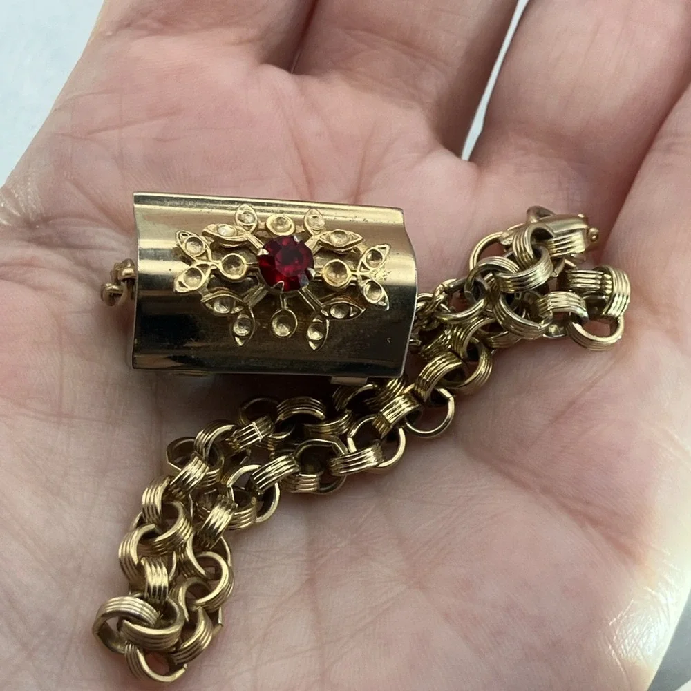 Vintage Charm Bracelet Red Crystal Treasure Chest Opens Whimsical Kitschy Quirky